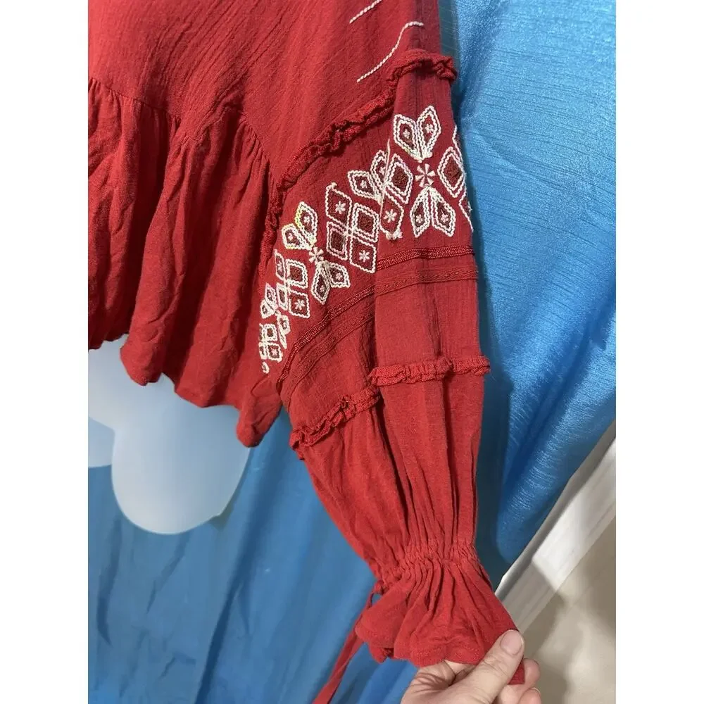 Free People Penny Love Top Cropped Red Embroidered Tassels Boho SZ M